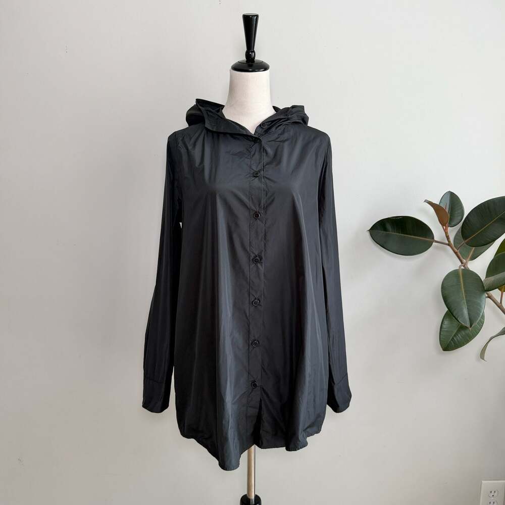 Katharina Hovman Women's Button Front Hooded Lightweight Taffeta Jacket Black